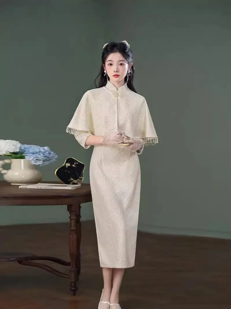 Женское облегающее платье-Ципао с белым кружевом новое китайское традиционное