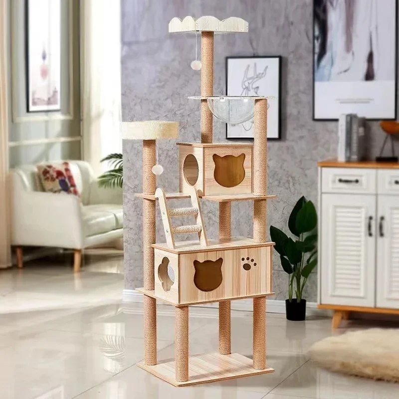 

Multi-story Cat Tree House Apartment Wooden Cat Tower with Sisal Rope Cat Scratching Post Plush Cloth Hammock Cat Climbing Frame