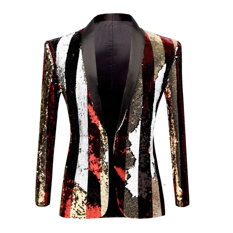 

Men's fashion high-end handsome double-sided colorful stripes gold sequin coat nightclub DJ singer suit jacket fashion clothing