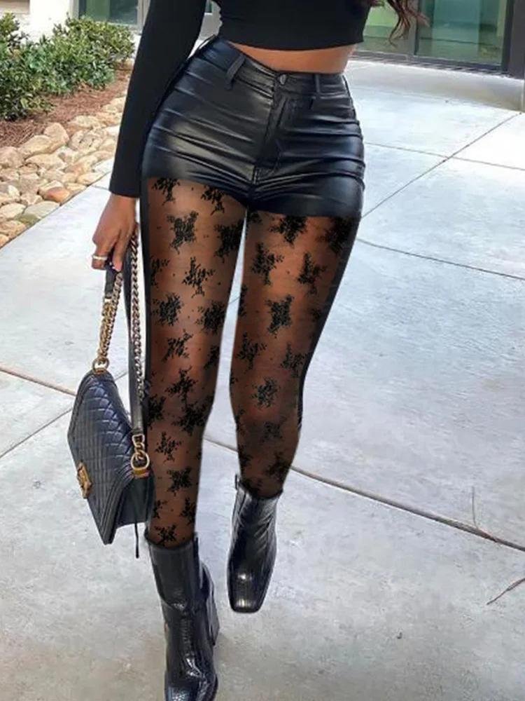 

Seedtotree Contrast Lace PU Leather Skinny Pants