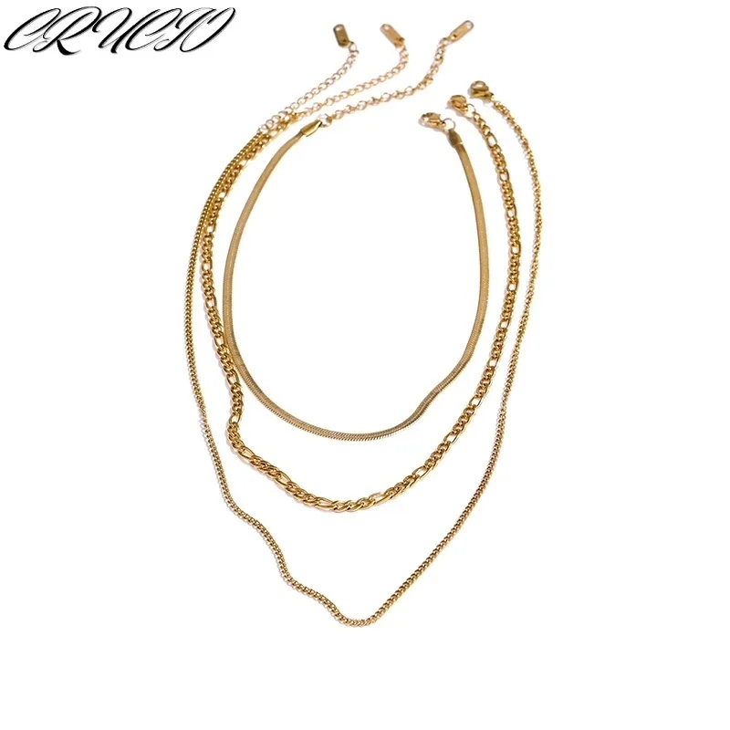 

New Layered Figaro Snake Bone Cuban Chain Necklace for Women Kpop Collar Choker 316 L Stainless Steel Vacation Free Shipping