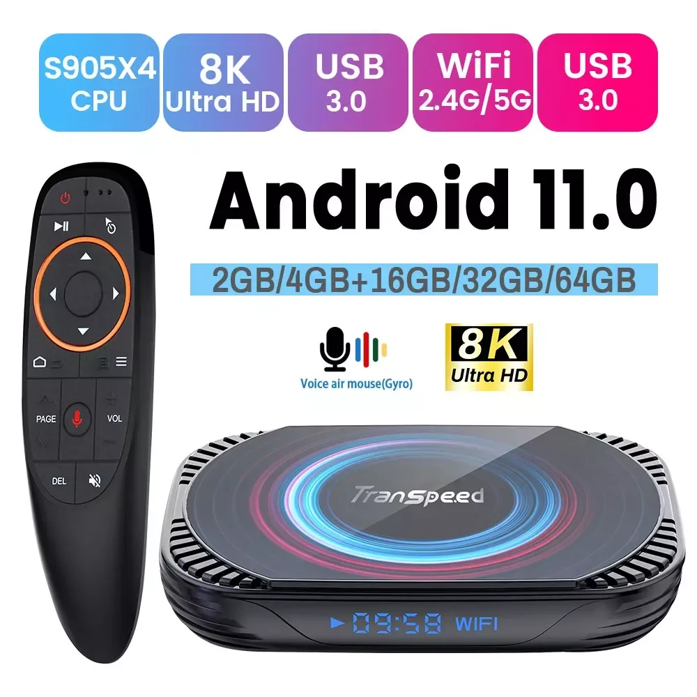 

Transpeed AV1 X4 Amlogic S905X4 TV Box Android 11 4G 32G 64G 128G Dual Wifi BT4.0 Media Player 4K 8K100M Set top box