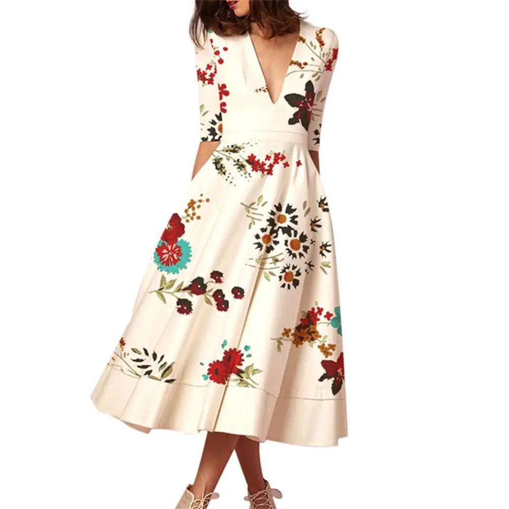 

Female Deep V-Neck Half Sleeve High-waisted Midi Dress Vivid Flower Printing Large Hem Women Elegant Long Dress Female Clothing