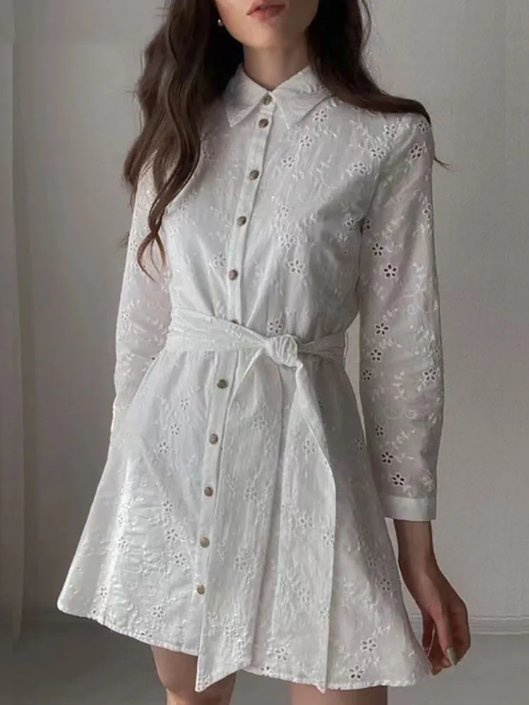 

XEASY Embroidered Women Dress Summer Vintage Cutout Belted Midi Skirt Ladies Fashion Elegant Party Chic Dress