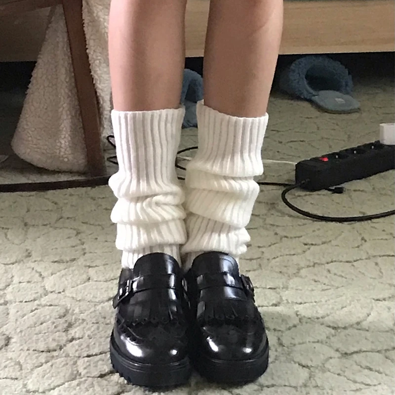 

Осенние вязаные однотонные носки для девочек в стиле "Лолита" Харадзюку С Манжетами для ног, чулки для ног, милые японские зимние теплые носки, цветные ботинки