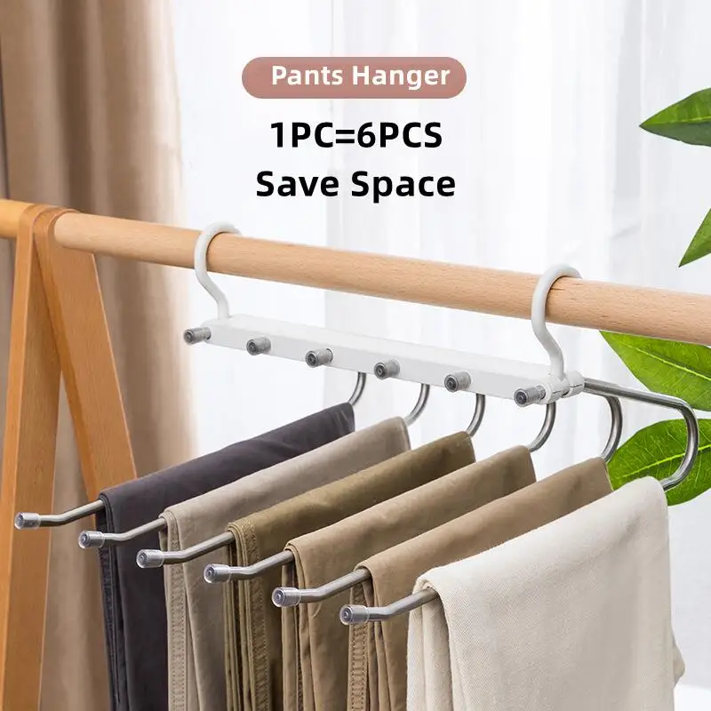 

6 In1 Save Space Pants Hanger Collapsible Towel Tie Hook Multi-functional Clothes Trouser Rack Wardrobe Closet Organizer Storage