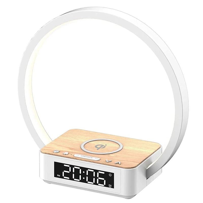 

HOT SALE Bedside Lamp Qi Wireless Charger Led Table Lamp With Alarm Clock, Press Control 3 Light Tones US Plug