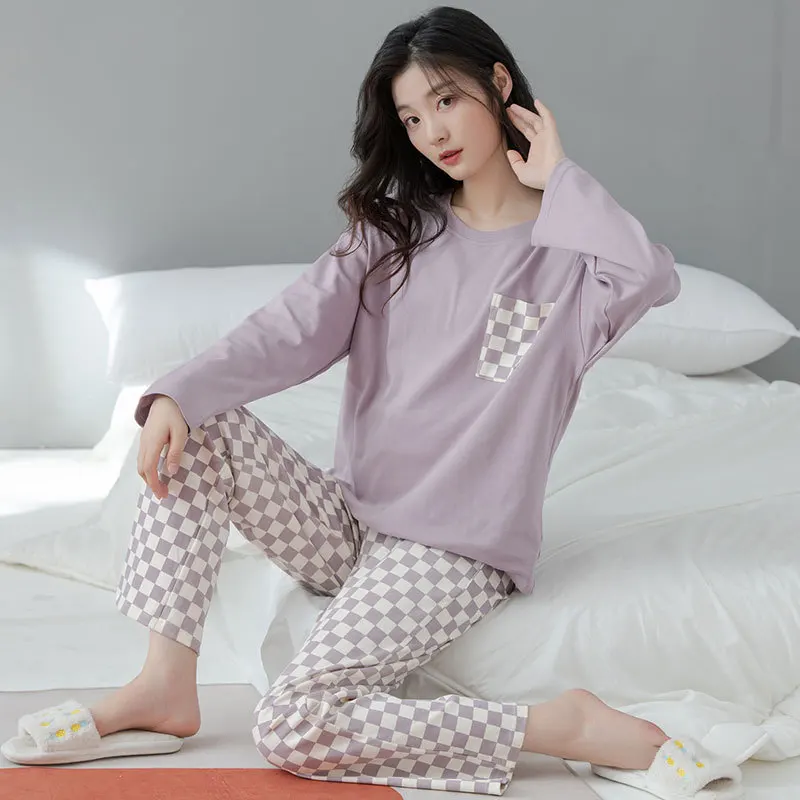 Yasuk Spring Autumn Fashion Women's Casual Lovely Plaide Cotton Pocket Sleepwear Homewear Simple Pajamas Set With Pants Sweet