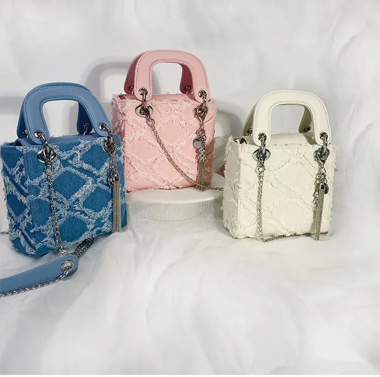 Luxury Pink Jean Bags For Women Fashion All-match Denim Handbags New Design Plaid Embroidery Famale Denim Crossbody Bag