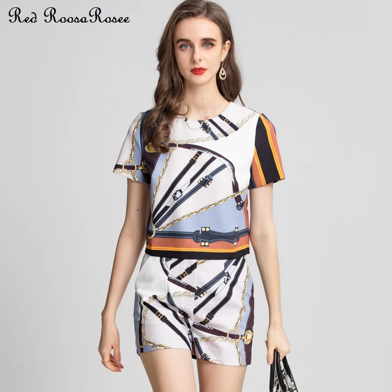 

Женский комплект RoosaRosee из двух предметов, элегантный красный костюм в полоску с коротким рукавом, топ на одной пуговице и шорты, 2022