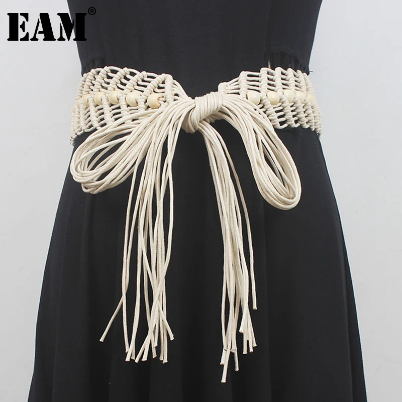 

[EAM] Apricot Knitting Knot Vintage Wide Casual Belt Personality Women New Fashion Tide All-match Spring Autumn 2023 1DF9900