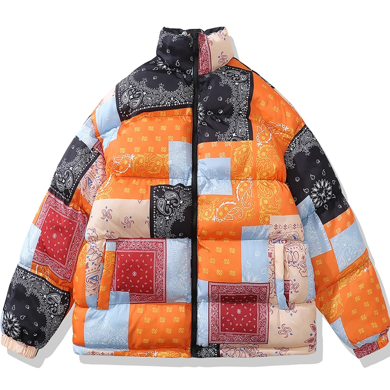 Patchwork Print Cashew Reversible Men Puffer Parka Winter New Hip Hop Fashion Oversized Thick Warm Coats Padded Jacket Male