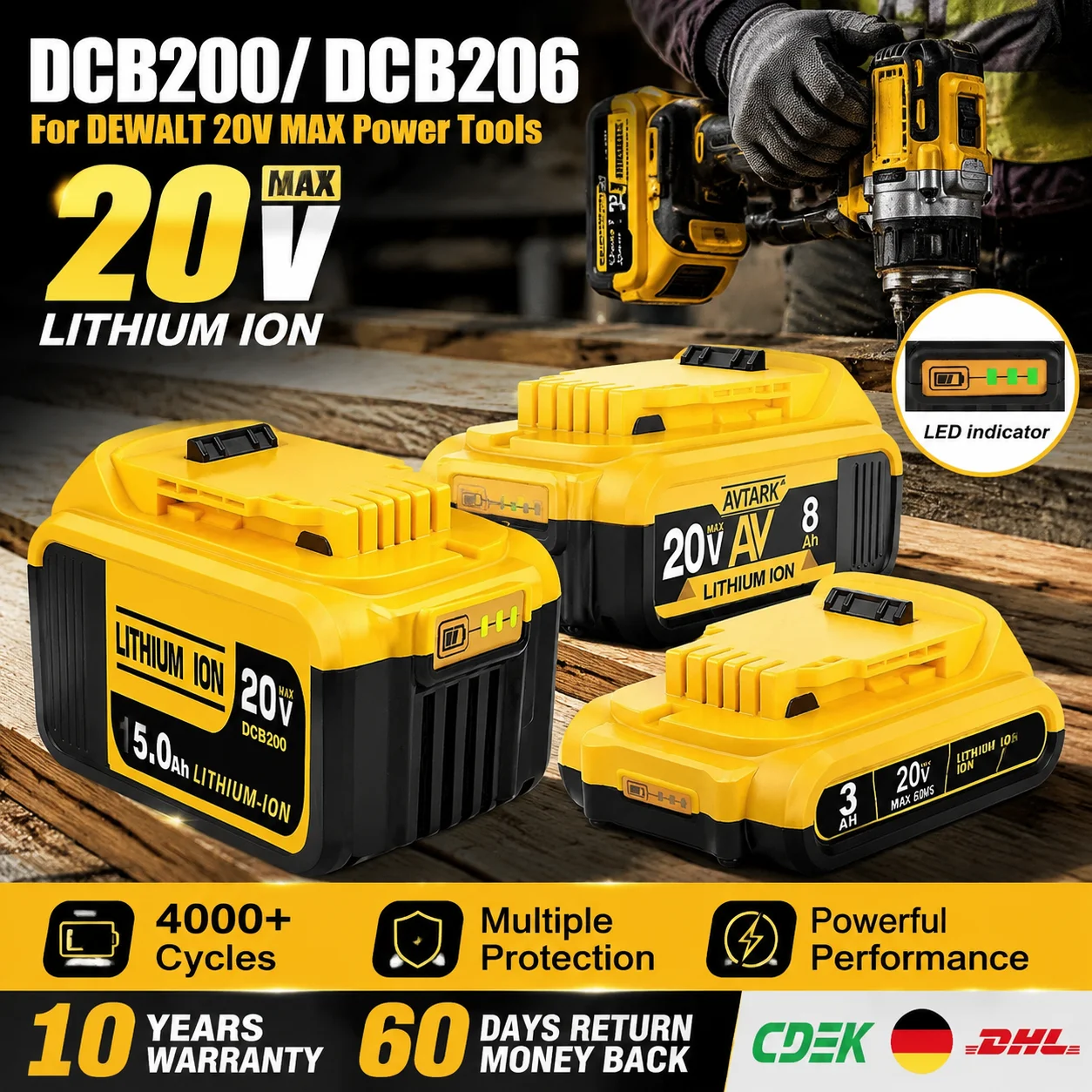 Фото НОВЫЙ Аккумулятор DCB200 повышенной емкости 12000 мАч для электроинструментов Dewalt 20В/18В, литиевая замена батареи №1