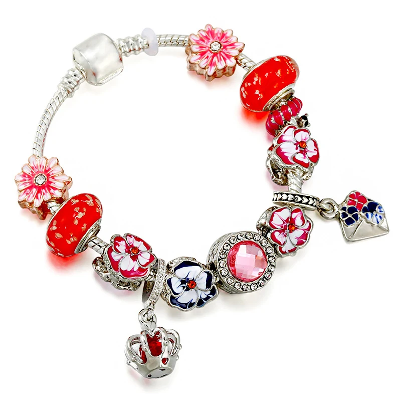 

Cute Daisy Charms Bracelet Girl Red Caterpillar Flower Glass Beads DIY Jewelry for Women Crown Blue Pansy Pendant Accessory Gift