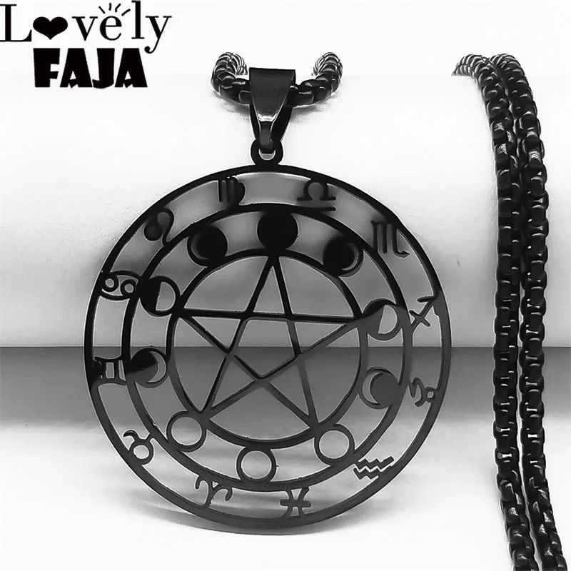 

Astrology Witchcraft Star Moon Stainless Steel Long Necklace Women/Men Black Color Chain Necklace Jewelry collier homme N1194S03