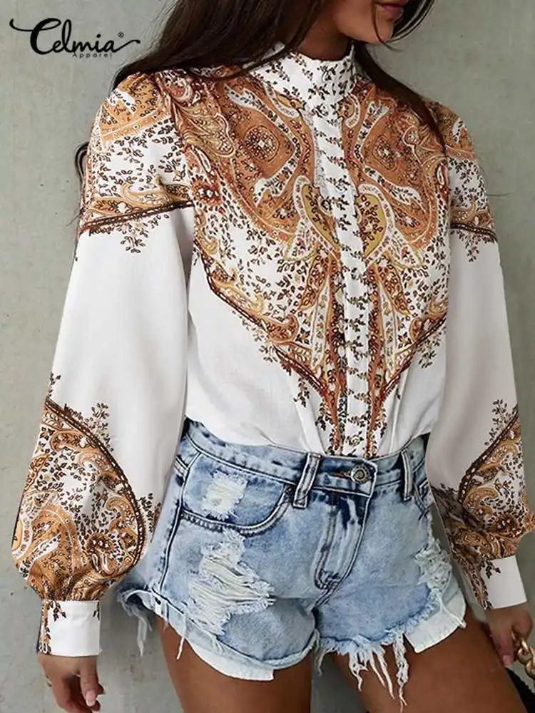 

Celmia Fashion Stand Collar Blouses Vintage Floral Print Shirts Women Streetwear Long Puff Sleeve Tops Female 2022 Spring Blusas