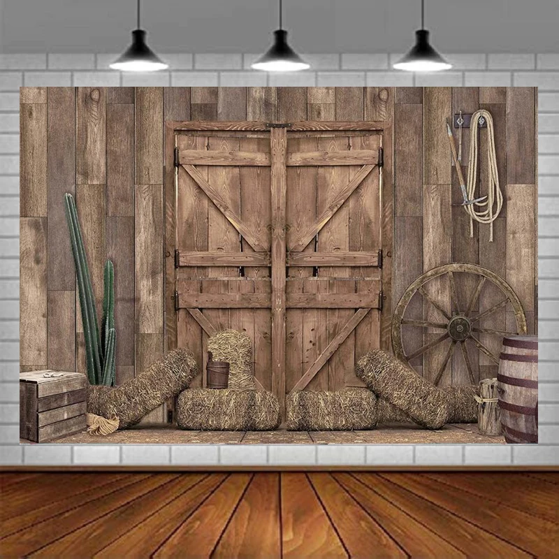 

Western Cowboy Photography Backdrop Fall Farm Door Rustic Barn Background Wild West Wooden House Baby Shower Kids Birthday Party