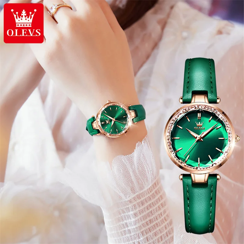 OLEVS High Quality Diamond Quartz Watch Top Brand Luxury Fashion Waterproof Ladies Watches Leather Strap Wristwatch for Women