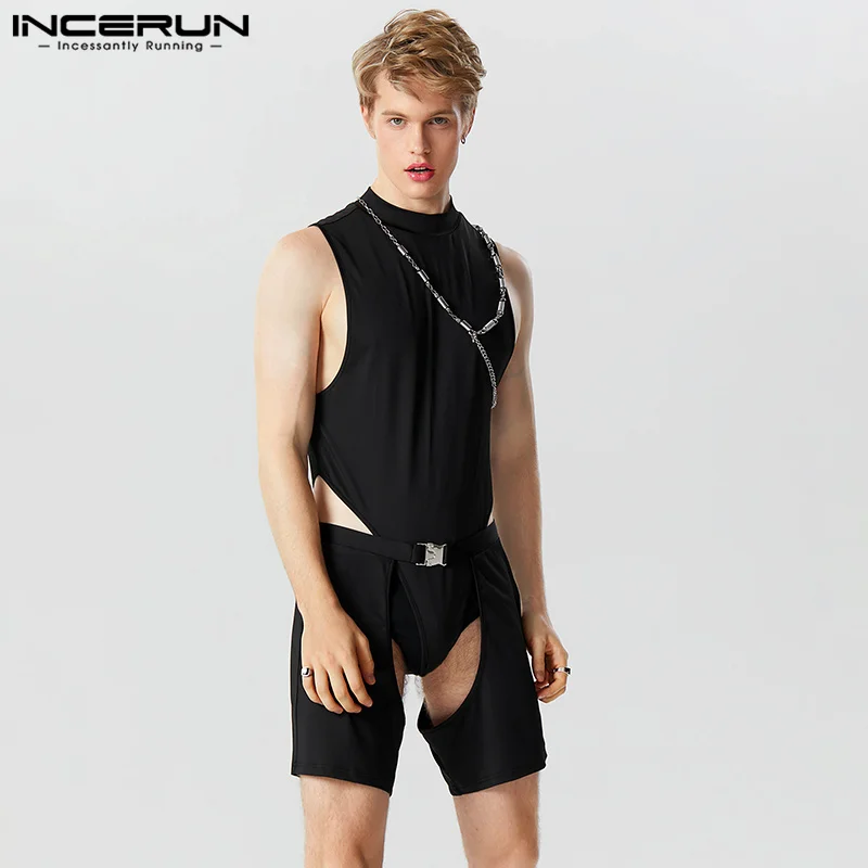 

INCERUN Sexy Two-piece Sets Sleeveless Jumpsuits Fashion Men's Solid Triangular Rompers Hollow Shorts Casual Hollowed Sets S-5XL