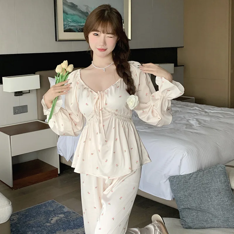 Женский пижамный комплект с V-образным вырезом рубашка принтом брюки ночные