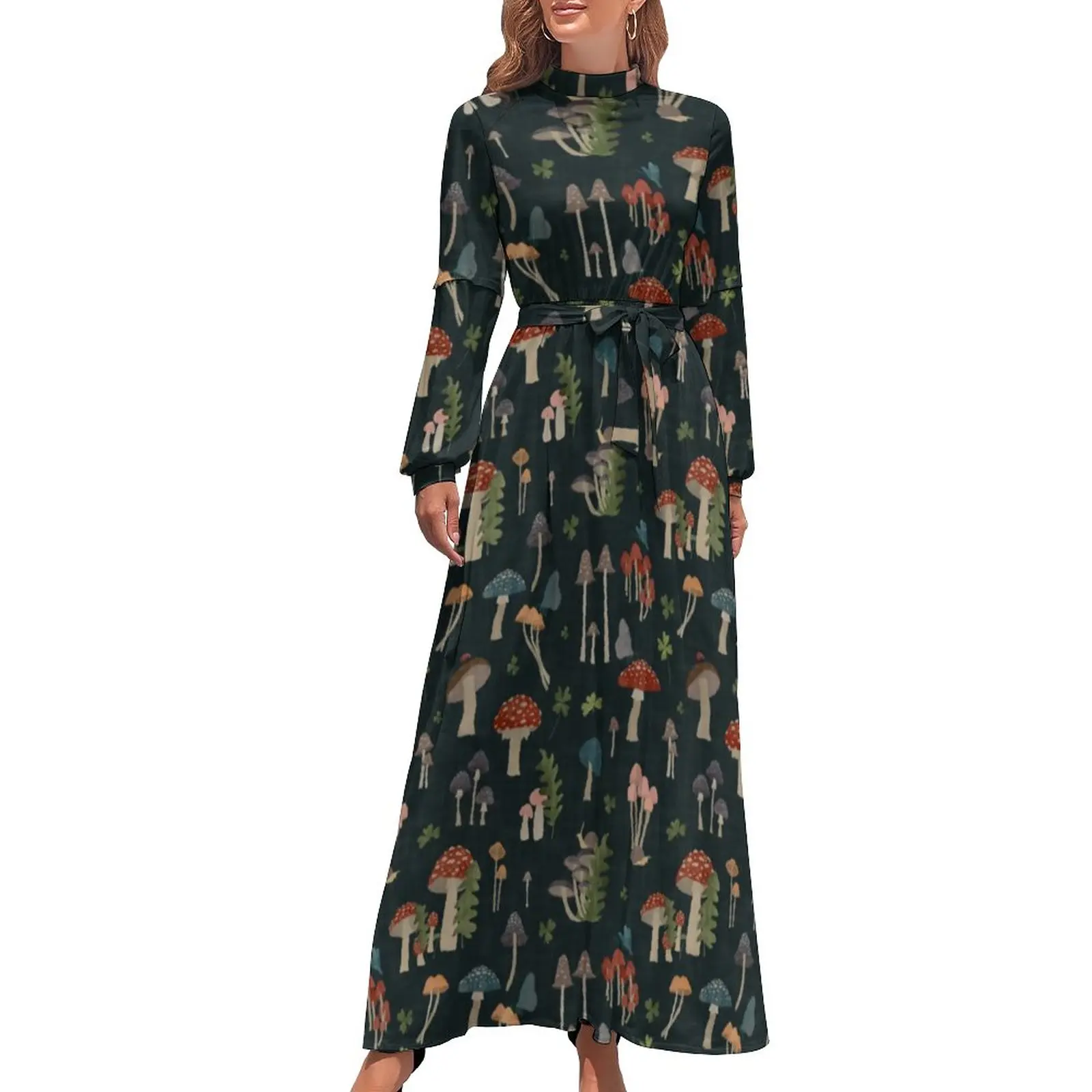 

Vintage Mushrooms Dress Green Leaf Print Trendy Design Maxi Dress High Waist Long Sleeve Street Style Boho Beach Long Dresses