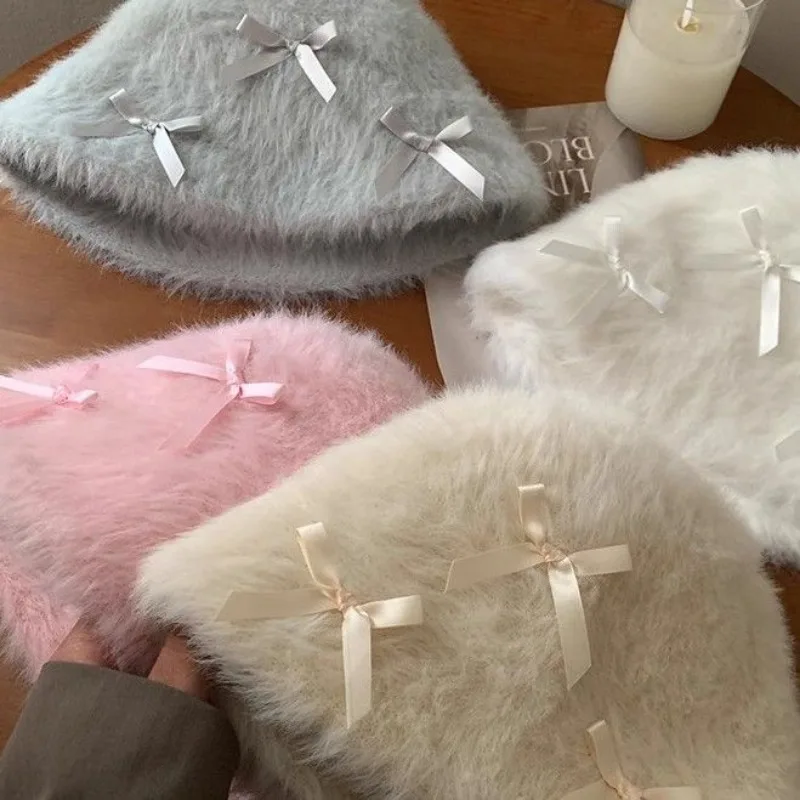 Милые популярные шляпы-ведра из искусственного меха с бантом для девочек женские