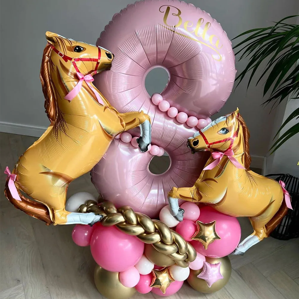 

34pcs/set Brown Horse Foil Balloons Set 40inch Pink Number Balloon for Animal Themed Birthday Party Decoration Kids Shower Toys