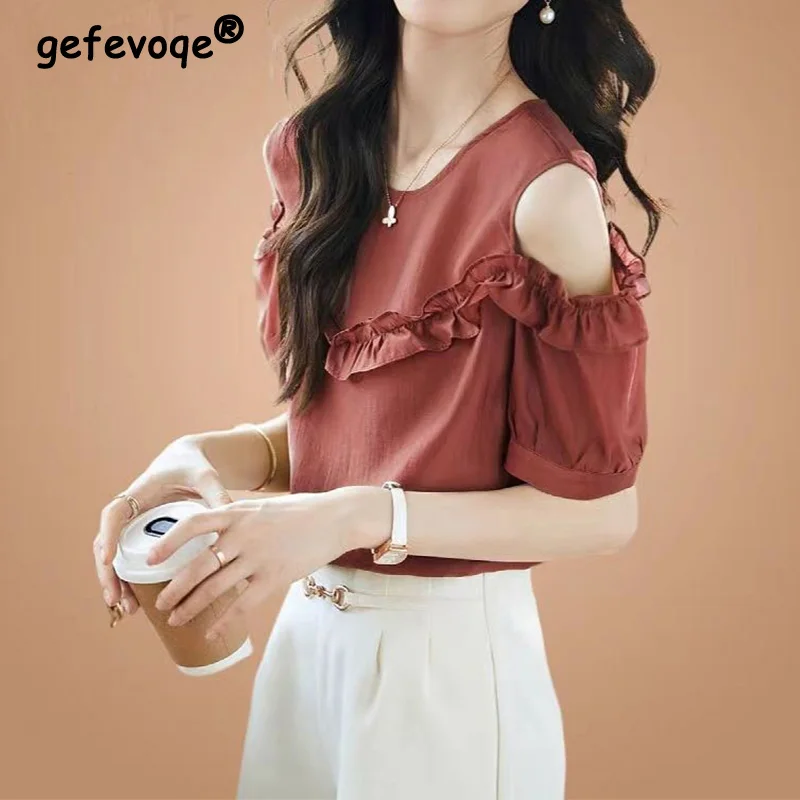 

2023 Summer Clothes for Women New Solid Color Short Sleeve Top Crew Neck Patchwork Ruffles Off Shoulder Chiffon Pullover T-Shirt