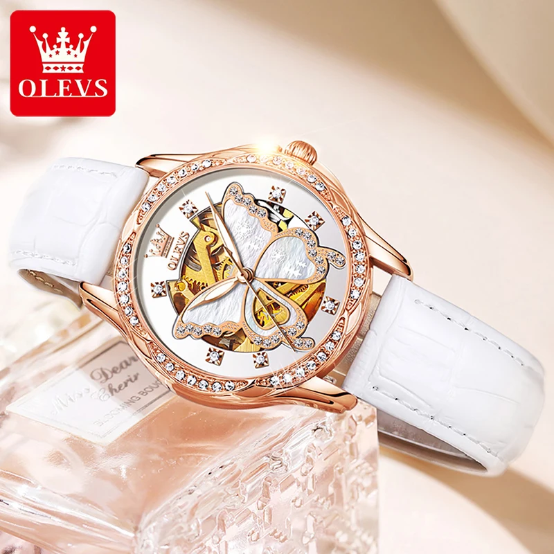 OLEVS Trend Ladies Fashion Butterfly Dial Rose Gold Case White Leather Strap Waterproof Luminous Mechanical Watch Zegarek Damski