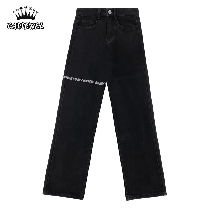 

Women's Black Jeans Letter Printing Vintage Casual Wide Leg Pants High Waist Baggy Straight Plus Size Denim Trouser Ladies