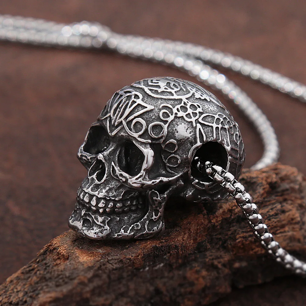 

Gothic Stainless Steel Skull Pendant Necklace Punk Hip Hop Unique Stamp Biker Skull Men's Necklace Jewelry Gift Wholesale