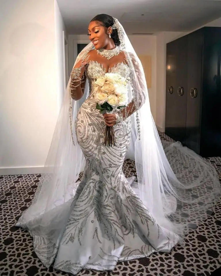 

Sparkkly Illsion High Collar Heavy Beading Sequins Mermaid Wedding Dresses Chapel Train Full Sleeves Robe Mariee Sirene Luxe