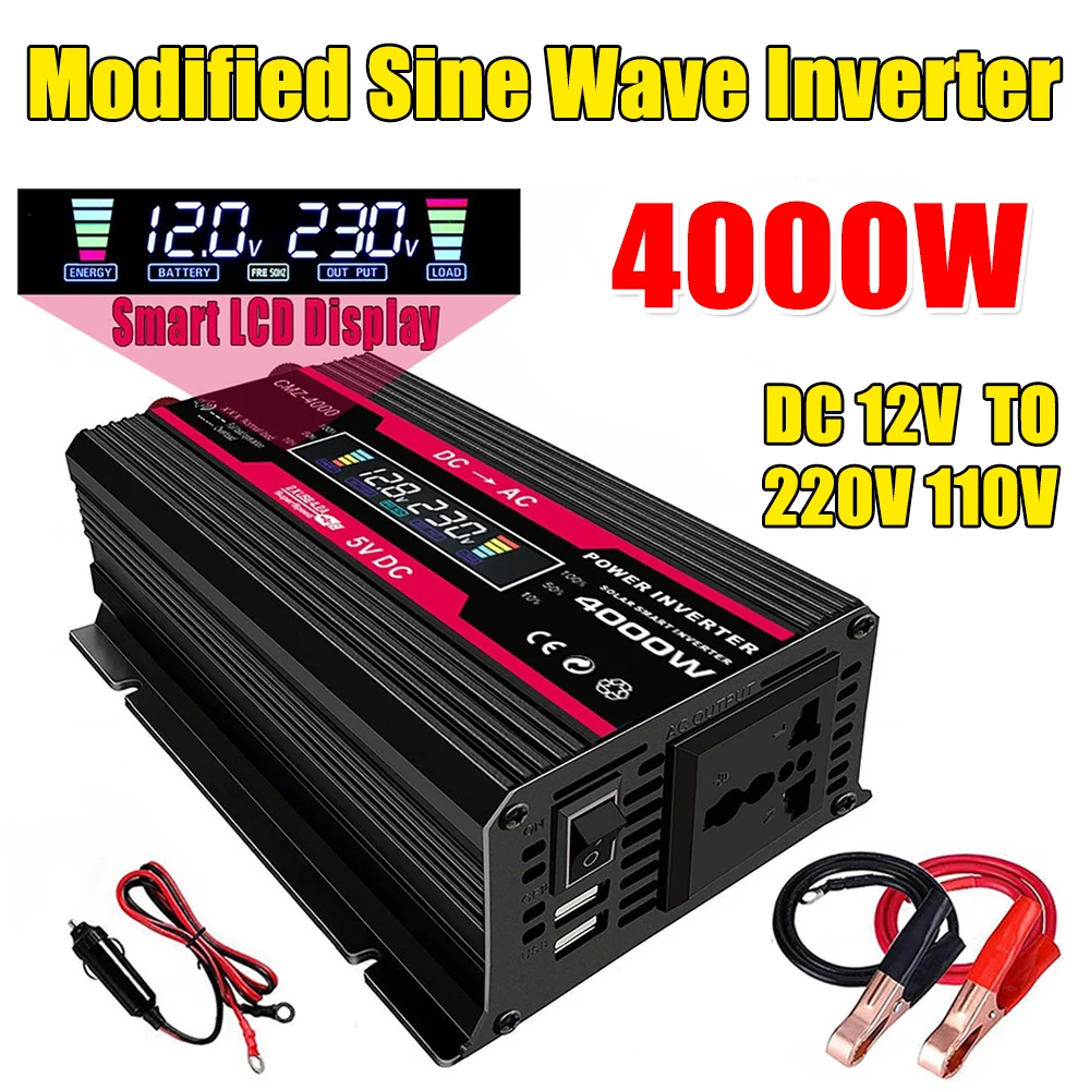 

4000W Modified Sine Wave Solar Inverter 12V TO 220V 110V Voltage Converter Smart LCD Display Car Power Inverter Transformer