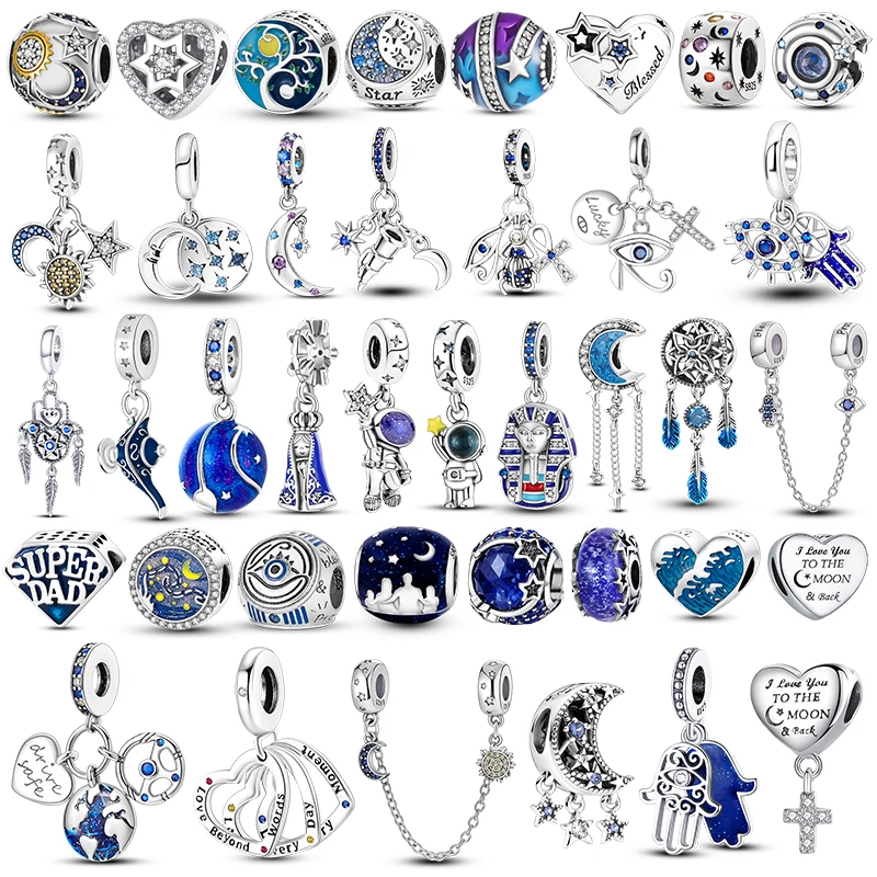 BAMELA 925 Стерлинговое серебро галактики звезда Луна обаяния космонавт планета звездного неба синий обаяние для оригинального браслета ювелирных изделий.