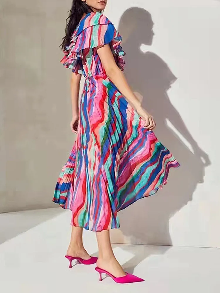 

2022 New Colorful Irregular Printing Women's Long Robe Ruffles Stitching V-neck Pleated Short Sleeve High Waist Female Dress