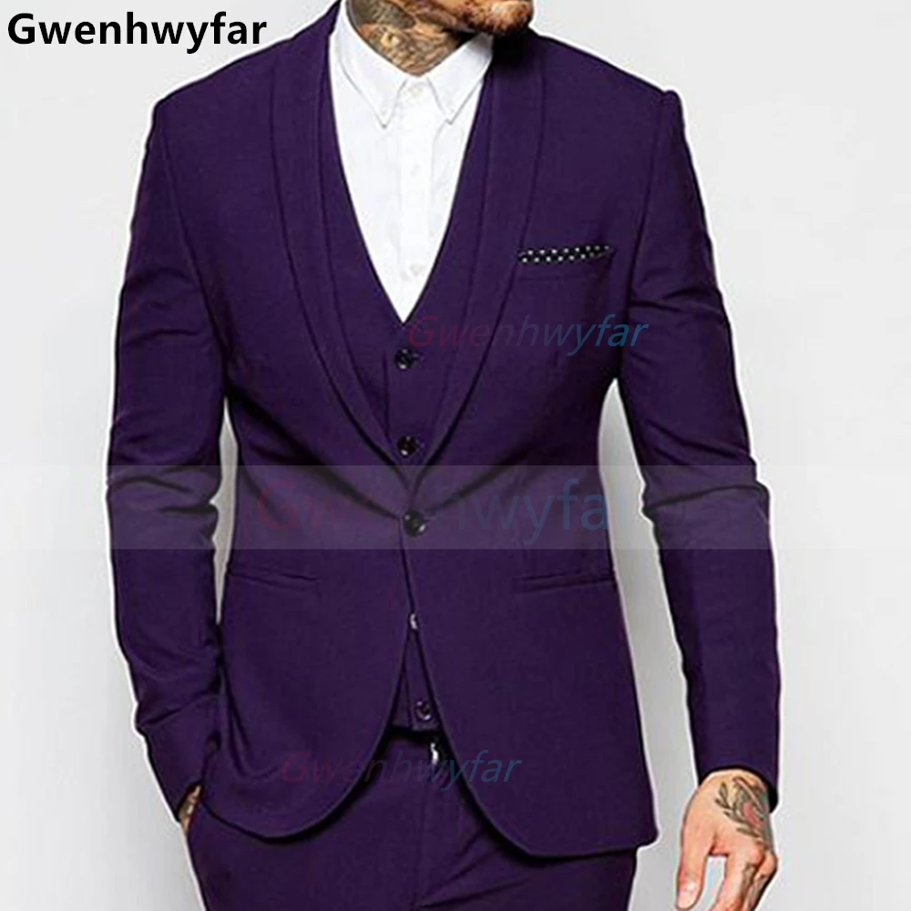 

Gwenhwyfar 3 Piece Slim Fit Purple Casual Men Suits Groomsmen Tuxedo Shawl Lapel Male Costume Wedding Set Jacket Vest Pants