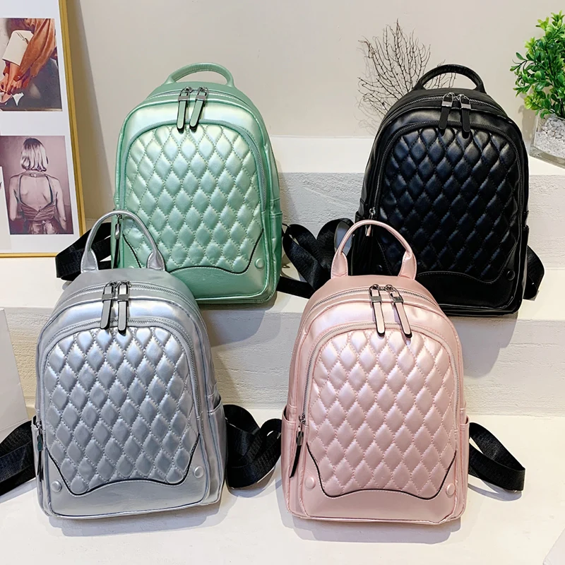 

Luxury Diamond Lattice Quilted Women's Backpack Fashion Pearlescent Color Female Bags School Backpacks for Women Girls 2022