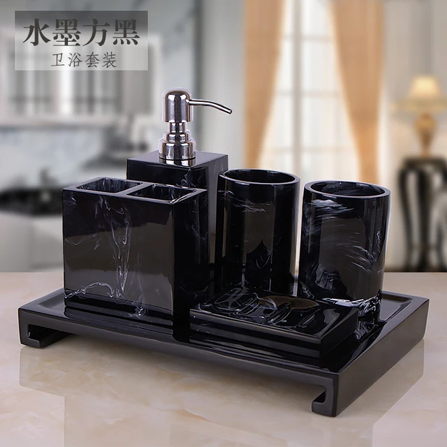 

Набор аксессуаров для ванной комнаты с черным мраморным рисунком, диспенсер для зубной пасты, держатель для зубных щеток из смолы, лоток для...
