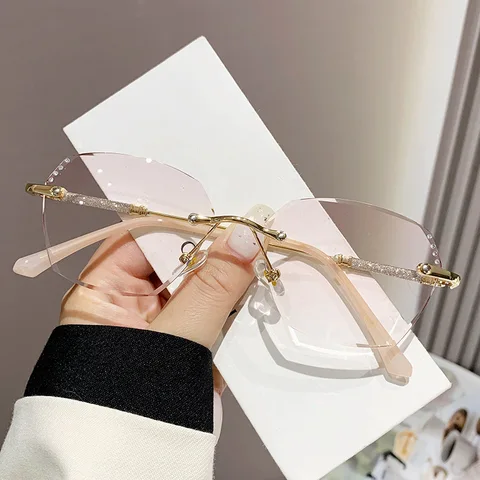 Женские очки для чтения, очки для дальнозоркости без оправы с бриллиантами и градиентными розовыми антисиними пресбиопическими стеклами, модные очки для глаз