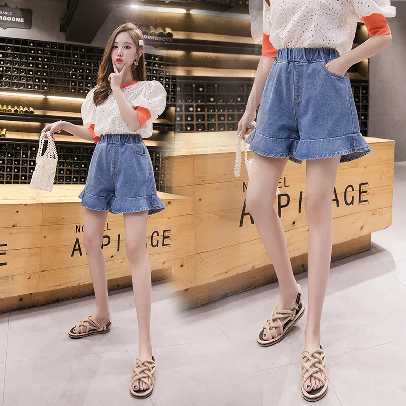 High Waist Ruffle Denim Shorts 2021 Women Casual A-Line Flared Raw Hem Short Fashion New Style Zipper Frayed Short Jeans Blue