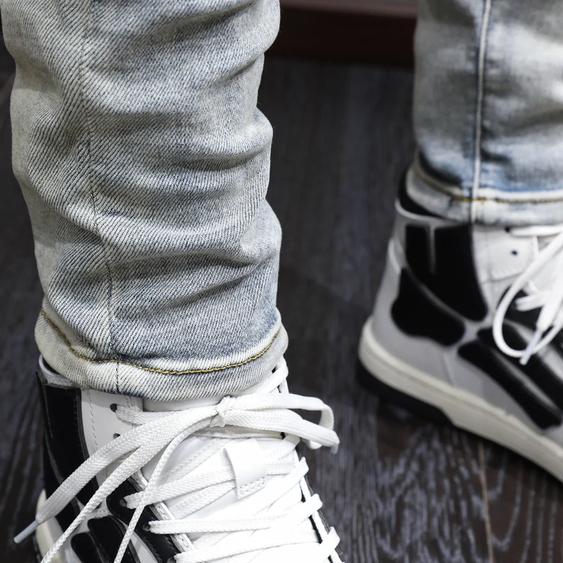 Street Fashion Men Jeans Retro Blue Patched Designer Elastic Stretch Broken Skinny Ripped Jeans Men Hip Hop Brand Pants Hombre