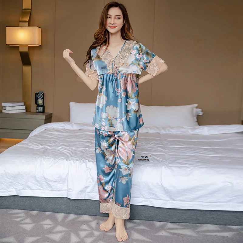 Ice Silk Pajamas Female Summer Short Sleeve Trousers Thin Style Sexy Silk Pajama Sweet Summer Satin Home Clothes Two-piece Set