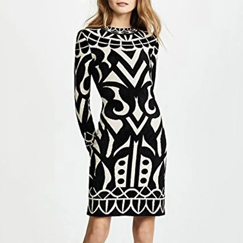 

Vintage Geometry Print Long Sleeve Bodycon Dress Women Plus Size S-5XL O-neck Mini Dresses Streetwear Spring Fall Y2K Clohtes