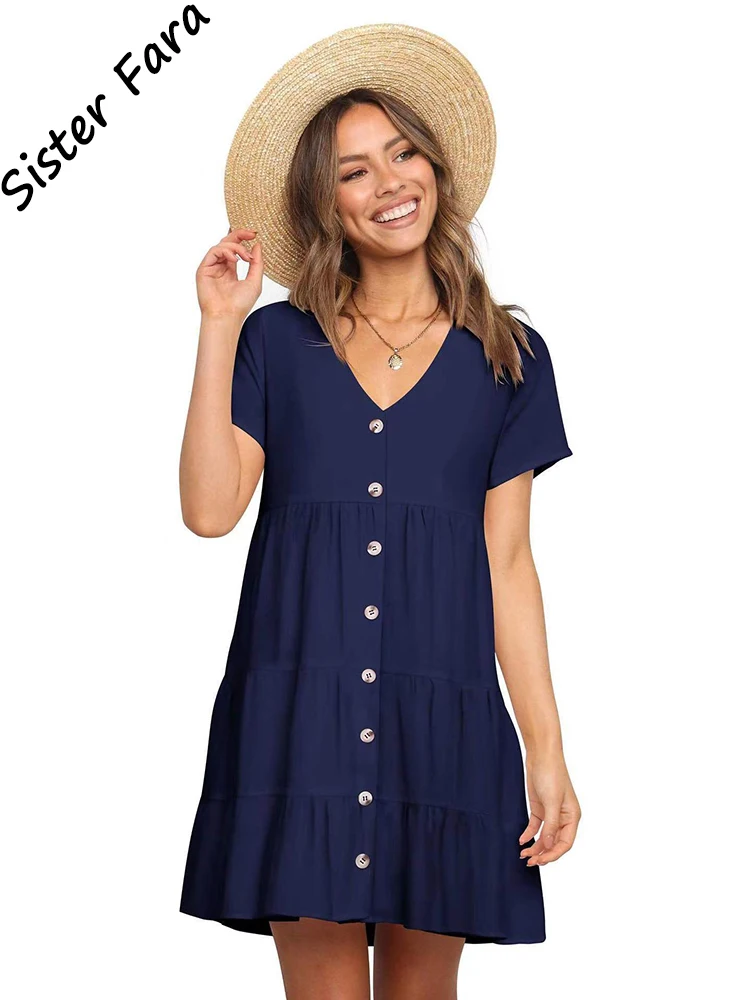 

Sister Fara V-Neck Cardigan Elegant Dresses for Women Summer Single Breasted Loose Mini Dress Female Short Sleeve Casual Dresses