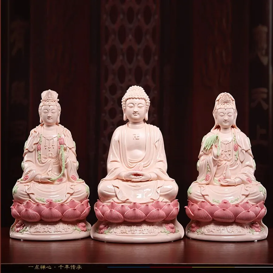 

A set 3PCS HOME shrine protection High grade jade ceramic XI FANG SANSHENG Guan yin Amitabha Mahasthamaprapta Buddha statue