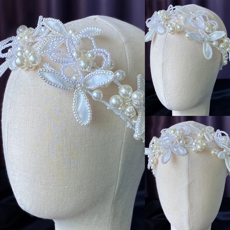 

Romantic Bride Wedding Headband Crown Pearl Beaded Butterfly Flower Hair Hoop