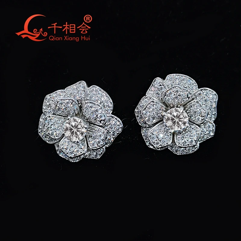 6mm main stone 21MM rose flowers S925 silver  earrings ear stud D vvs white moissanite stone Earring earrings jewelry woman gift