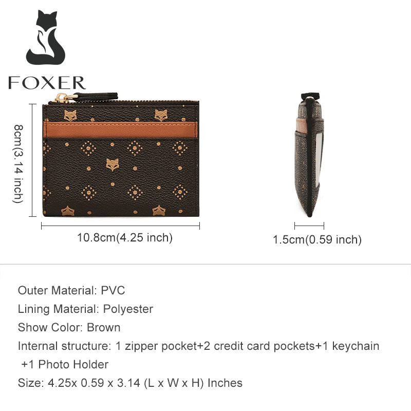FOXER Female Monogram Coin Packet PVC Leather Card Holder Women Small Wallet Gifts For Lady Stylish Girl's Short Purse Key Cases