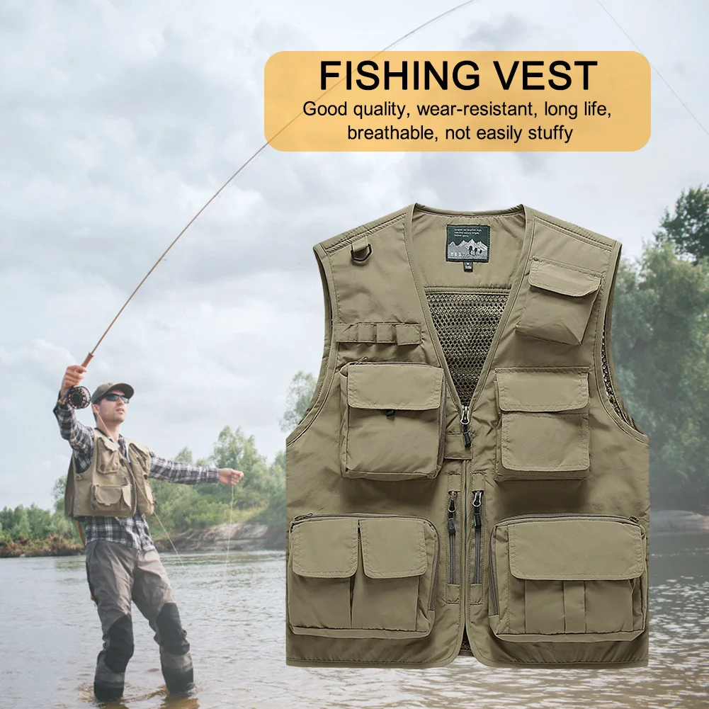 

Mens Workwear Vest Back Multi-Pocket Thin Trend Mesh Waistcoat Zips Outdoor Vest Mountaineering Fishing Casual Vest