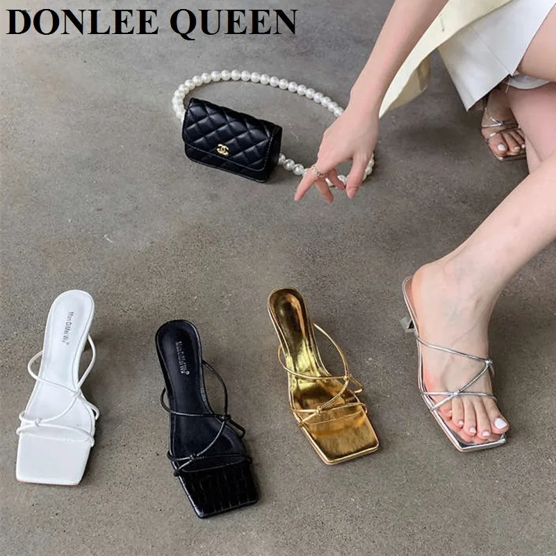

2022 New Fashion Gold Sliver Slippers Women Low Heels Slides Female Peep Toe Summer Sandals Vacation Flip Flops Sandalias Mujer
